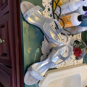 Silver grey dress wedges.